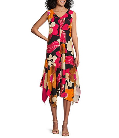 IC Collection Woven Floral Print V-Neck Sleeveless Asymmetrical Hem A-Line Midi Dress