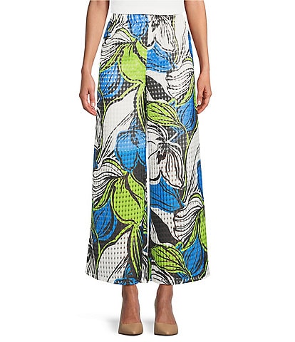 IC Collection Woven Mesh Abstract Floral Print Straight Wide-Leg Pull-On Ankle Length Pants