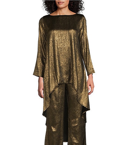 IC Collection Woven Metallic Boat Neck High-Low Hem Self Scarf Tunic