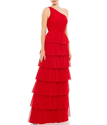 Ieena for Mac Duggal A-Line Tiered Ruffle One Shoulder Sleeveless Gown