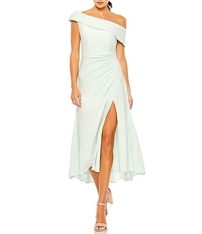 Ieena for Mac Duggal Asymmetric One Shoulder Thigh High Slit Jersey Midi Dress