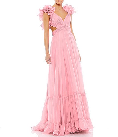 Ieena Mac Duggal Chiffon V-Neck Sleeveless Cut-Out Strappy Back Detail Tiered Ruffle Hem Gown