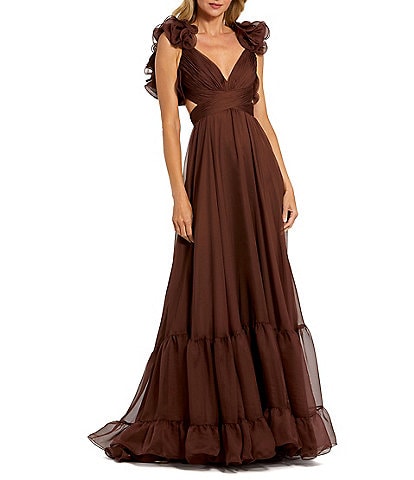 Ieena Mac Duggal Chiffon V-Neck Sleeveless Cut-Out Strappy Back Detail Tiered Ruffle Hem Gown