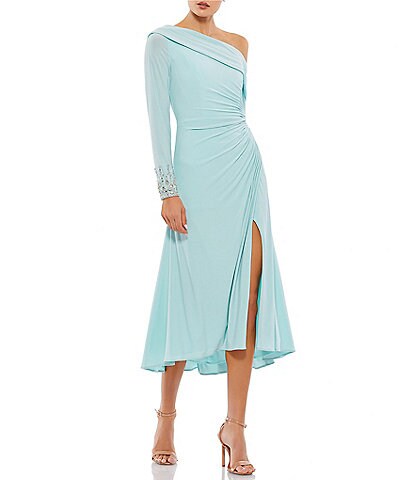Ieena for Mac Duggal Long Beaded Sleeve Asymmetrical One Shoulder Thigh High Slit Midi Dress