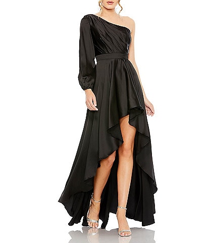 Ieena for Mac Duggal One Shoulder Asymmetrical Neckline Long Sleeve High-Low Dress
