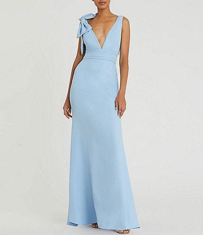 Ieena for Mac Duggal Plunging V-Neck Bow Shoulder Sleeveless Low Back Detail A-line Dress