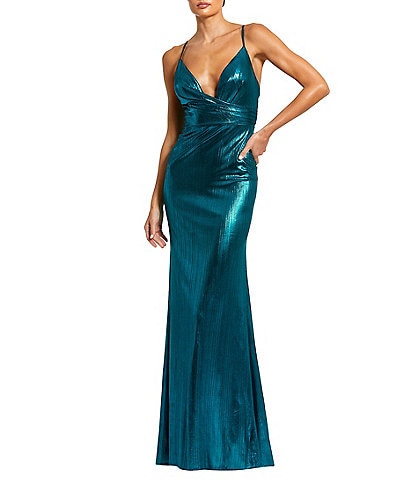 Ieena for Mac Duggal Plunging Surplice V-Neck Sleeveless Open Back Detail Sheath Gown