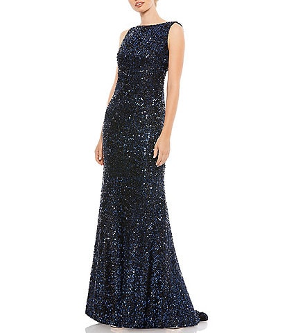 Ieena for Mac Duggal Sequin Drape Back Detail Boat Neck Sleeveless Sheath Gown