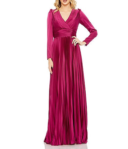 Mac Duggal Surplice V-Neck 3/4 Sleeve Pleated A-Line Gown