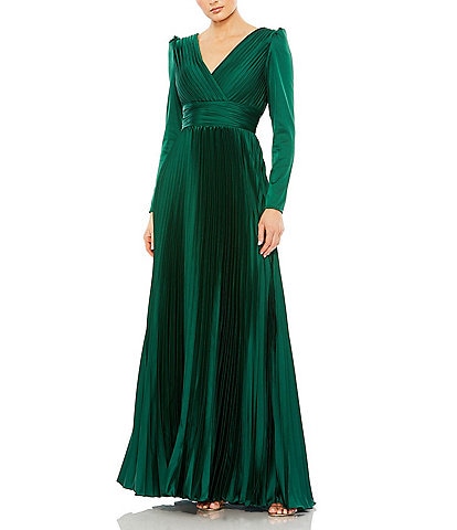 Mac Duggal Surplice V-Neck 3/4 Sleeve Pleated A-Line Gown