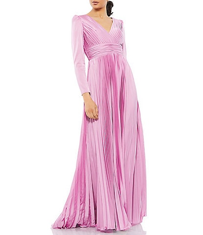 Ieena for Mac Duggal Surplice V-Neck 3/4 Sleeve Pleated A-Line Gown