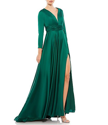 Ieena for Mac Duggal Deep V-Neck 3/4 Sleeve Satin A-Line Thigh High Slit Gown