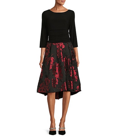 Ignite Evenings 3/4 Sleeve Round Neck High-Low Floral Brocade Dress