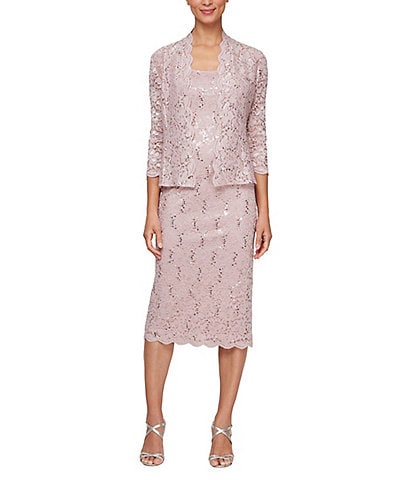 Ignite Evenings 3/4 Sleeve Square Neck Sequin Lace 2-Piece Jacket Dress