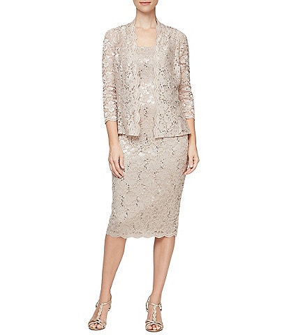Ignite Evenings 3/4 Sleeve Square Neck Sequin Lace 2-Piece Jacket Midi Dress