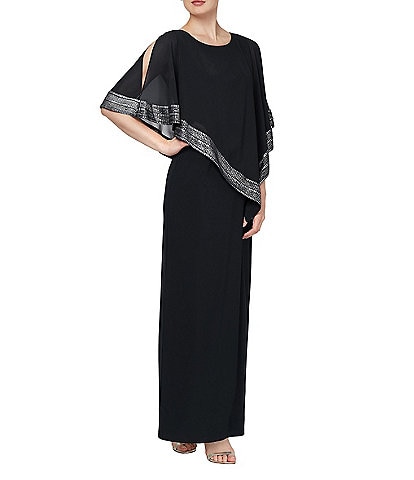 Ignite Evenings Asymmetrical 3/4 Capelet Cold Shoulder Sleeve Round Neck Metallic Trim Popover Dress