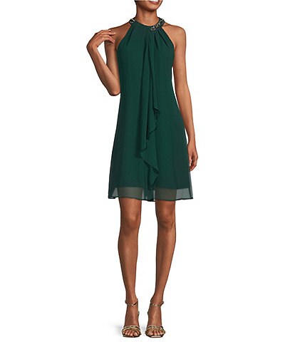 Ignite Evenings Beaded Braid Sleeveless Halter Neck Chiffon Ruffle Front Dress