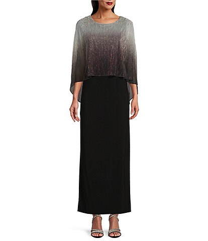 Ignite Evenings Beaded Ombre Popover 3/4 Sleeve Round Neck Gown