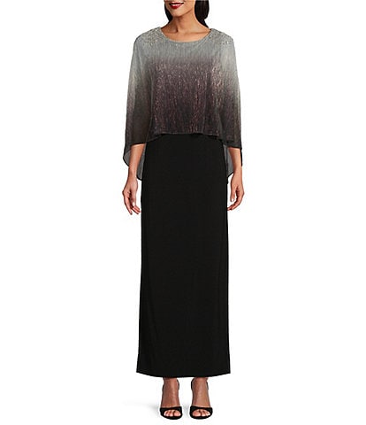 Ignite Evenings Beaded Ombre Popover 3/4 Sleeve Round Neck Gown