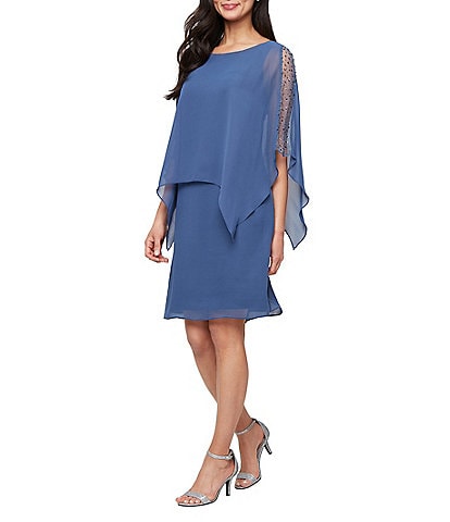 Ignite Evenings Boat Neck 3/4 Sleeve Beaded Chiffon Overlay Sheath Dress