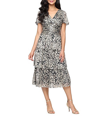Ignite Evenings Bodre Flutter Sleeve Metallic Print Tiered Midi Dress
