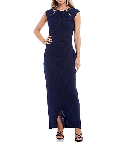 Ignite Evenings Round Neck Cap Sleeve Embellished Wrap Side Ruffle Gown