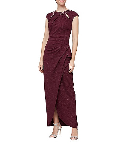 Ignite Evenings Round Neck Cap Sleeve Embellished Wrap Side Ruffle Gown