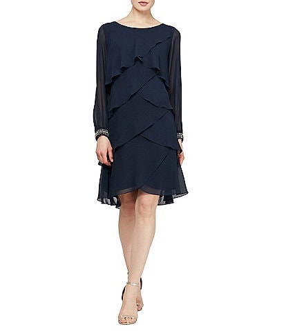 Ignite Evenings Chiffon Rhinestone Cuffed Long Sleeve Tiered Dress