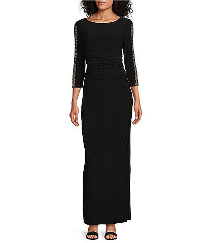 Ignite Evenings Embellished 3/4 Sleeve Ruched Bodice Boat Neck Column Gown