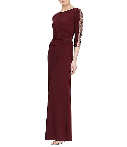 Ignite Evenings Embellished 3/4 Sleeve Ruched Bodice Round Neck Column Gown