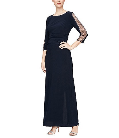 Ignite Evenings Embellished 3/4 Sleeve Ruched Bodice Boat Neck Column Gown