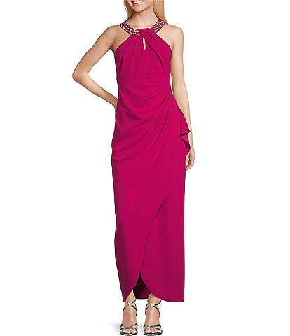 Ignite Evenings Embellished Halter Neck Sleeveless Ruched Side Cascade Ruffle Gown