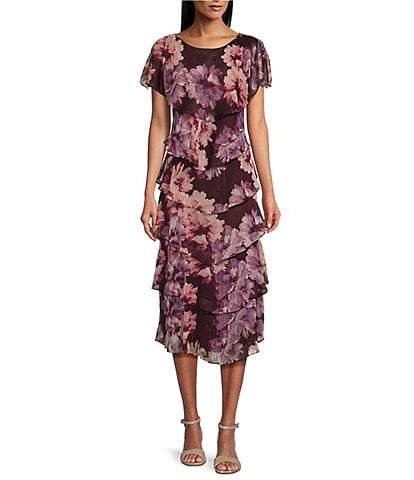 Ignite Evenings Floral Print Chiffon Scoop Neck Capelet Short Sleeves Tiered Hem Midi Dress