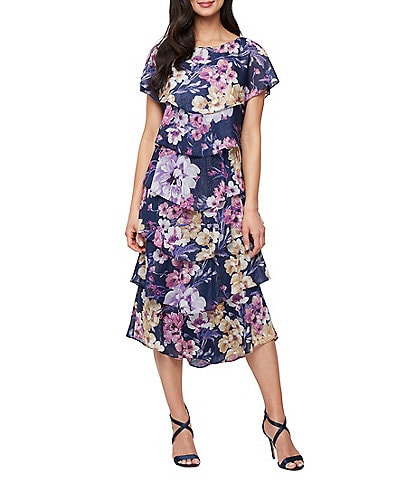 Ignite Evenings Floral Print Tiered Midi Shift Dress