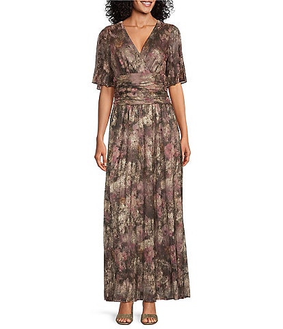 Ignite Evenings Foil Print Shimmer Surplice V-Neck Capelet Short Sleeves A-Line Dress