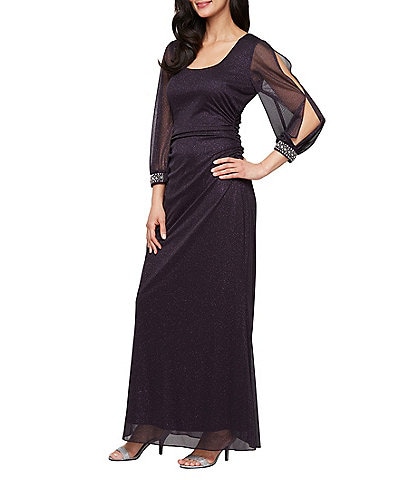 Ignite Evenings Glitter Mesh Scoop Neck Cold Shoulder Sleeve Beaded Cuff Dress