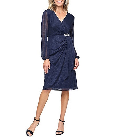 Ignite Evenings Glitter Mesh Surplice Neck Long Illusion Sleeve Midi Dress