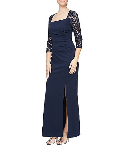 Ignite Evenings Lace 3/4 Sleeve Square Neck Illusion Keyhole Back Stretch Crepe Gown