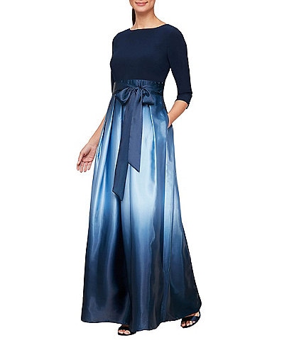 Ignite Evenings Ombre Satin Boat Neck 3/4 Sleeve Tie Waist Pocketed Ball Gown