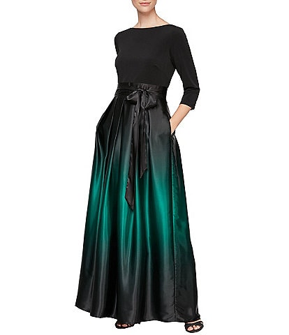 Ignite Evenings Ombre Satin Boat Neck 3/4 Sleeve Tie Waist Pocketed Ball Gown