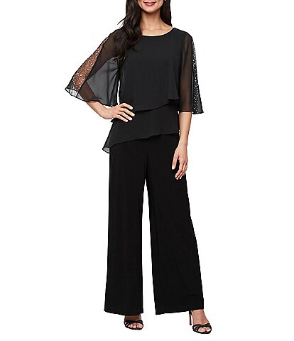 Ignite Evenings Petite Size 3/4 Embelished Sleeves Tiered Overlay Jumpsuit
