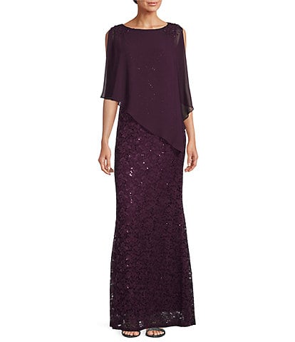 Ignite Evenings Petite Size 3/4 Sleeve Round Neck Sequin Lace Overlay Sheath Gown