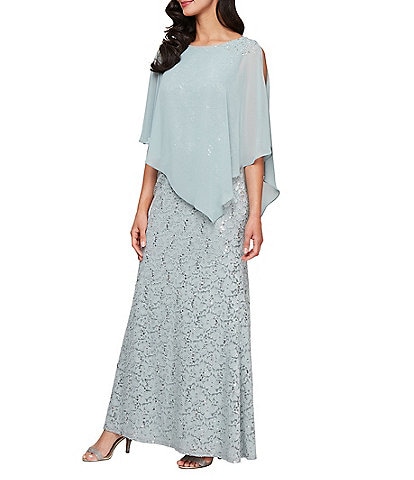 Ignite Evenings Petite Size 3/4 Sleeve Round Neck Sequin Lace Overlay Sheath Gown