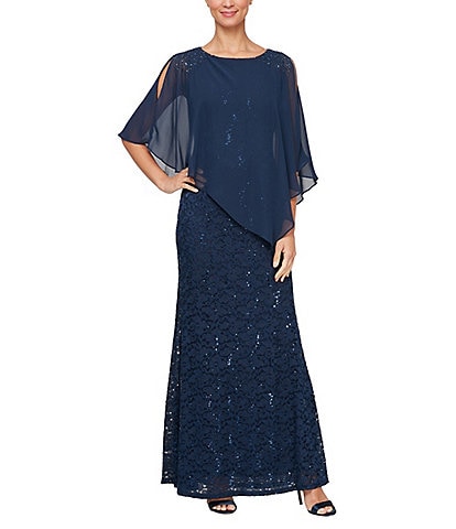 Ignite Evenings Petite Size 3/4 Sleeve Round Neck Sequin Lace Overlay Sheath Gown
