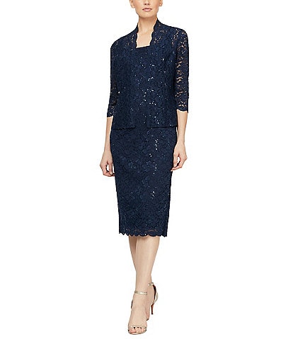 Ignite Evenings Petite Size 3/4 Sleeve Square Neck Sequin Lace 2-Piece Jacket Dress