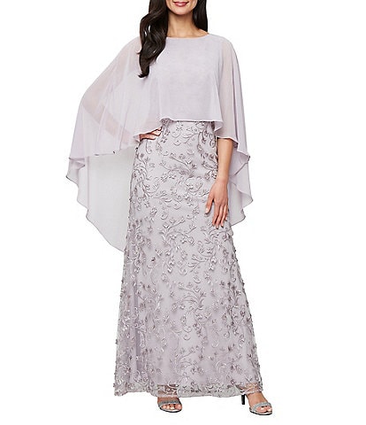 Ignite Evenings Petite Size 3D Embroidered Boat Neck Chiffon 3/4 Overlay Sleeve Gown