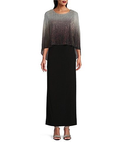 Ignite Evenings Petite Size Beaded 3/4 Sleeve Round Neck Ombre Popover Sheath Gown