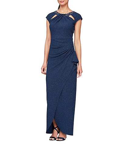 Ignite Evenings Petite Size Cap Sleeve Round Bead Embellished Cut-Out Neck Gown