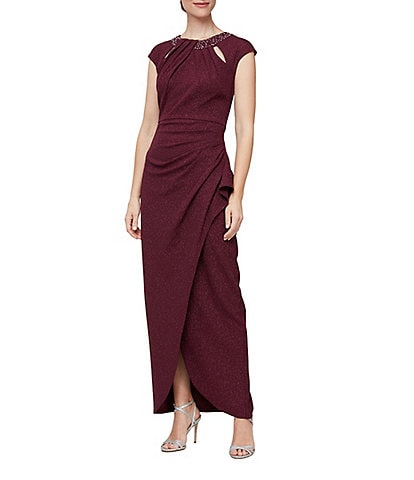 Ignite Evenings Petite Size Cap Sleeve Round Bead Embellished Cut-Out Neck Gown