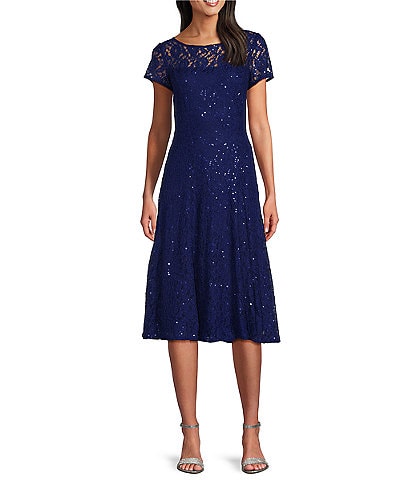 Ignite Evenings Petite Size Cap Sleeve Scoop Neck Sequin Lace A-Line Midi Dress